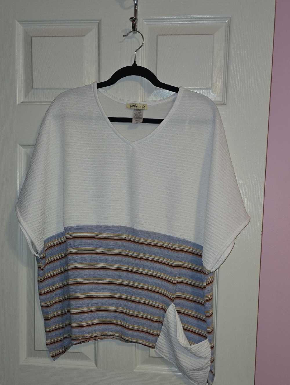 Camille & Co. White Tee with Blue Stripe Detail - S/M